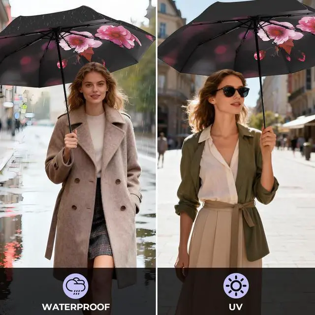 Alt view image 5 of 7 - Compact Travel Umbrella, 44" Canopy, Automatic Open/Close Windproof Umbrella, 210T Pongee, 8-Rib Fiberglass, Travel Size Mini, Portable Rain/Sun Umbrellas UPF 50+ with Cover