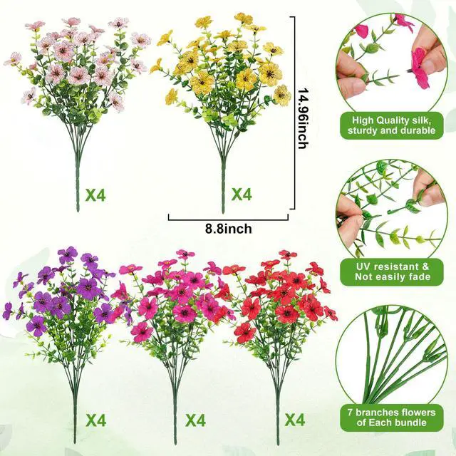 Alt view image 2 of 6 - 20 Bundles Artificial Flowers for Outdoors Decoration Fake Silk Flowers UV Resistant Faux Plants Artificial Daisy Eucalyptus for Spring Summer Garden Yard Porch Window Home Decor, Mix Colors