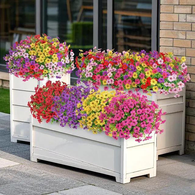 Alt view image 3 of 6 - 20 Bundles Artificial Flowers for Outdoors Decoration Fake Silk Flowers UV Resistant Faux Plants Artificial Daisy Eucalyptus for Spring Summer Garden Yard Porch Window Home Decor, Mix Colors