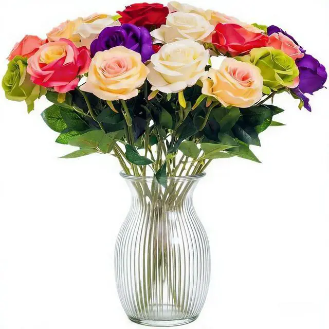 Main image of Artificial Flower Roses, 12PCS Real Touch Fake Flowers with Stems, 15" Flannel Roses for Christmas Home Wedding Bathroom Kitchen Decorations(Mix Color)