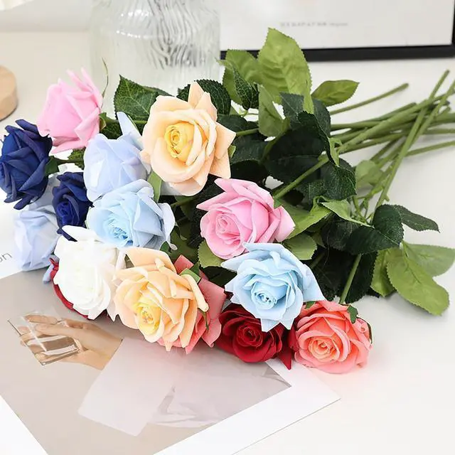 Alt view image 2 of 7 - Artificial Flower Roses, 12PCS Real Touch Fake Flowers with Stems, 15" Flannel Roses for Christmas Home Wedding Bathroom Kitchen Decorations(Mix Color)
