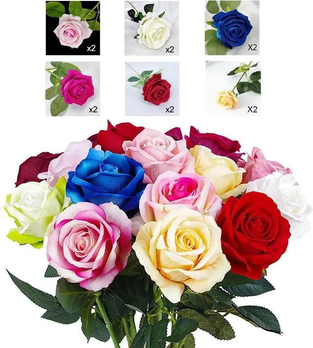 Alt view image 5 of 7 - Artificial Flower Roses, 12PCS Real Touch Fake Flowers with Stems, 15" Flannel Roses for Christmas Home Wedding Bathroom Kitchen Decorations(Mix Color)