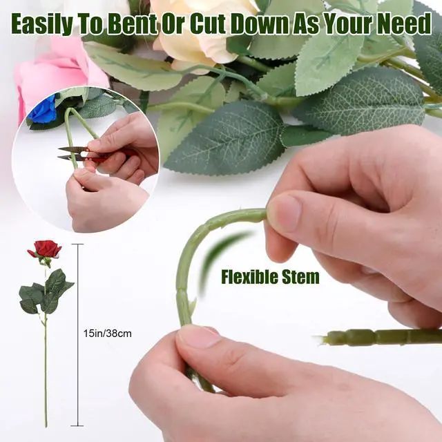 Alt view image 6 of 7 - Artificial Flower Roses, 12PCS Real Touch Fake Flowers with Stems, 15" Flannel Roses for Christmas Home Wedding Bathroom Kitchen Decorations(Mix Color)