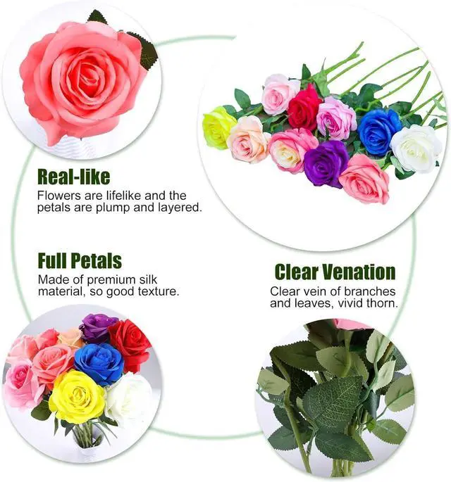Alt view image 7 of 7 - Artificial Flower Roses, 12PCS Real Touch Fake Flowers with Stems, 15" Flannel Roses for Christmas Home Wedding Bathroom Kitchen Decorations(Mix Color)
