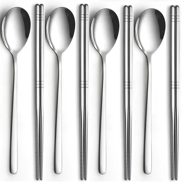 Main image of 4 Set Korean Chopsticks and Spoons, Stainless Steel Metal Set, Reusable Flat Long Handle Set for Home, Kitchen or Restaurant