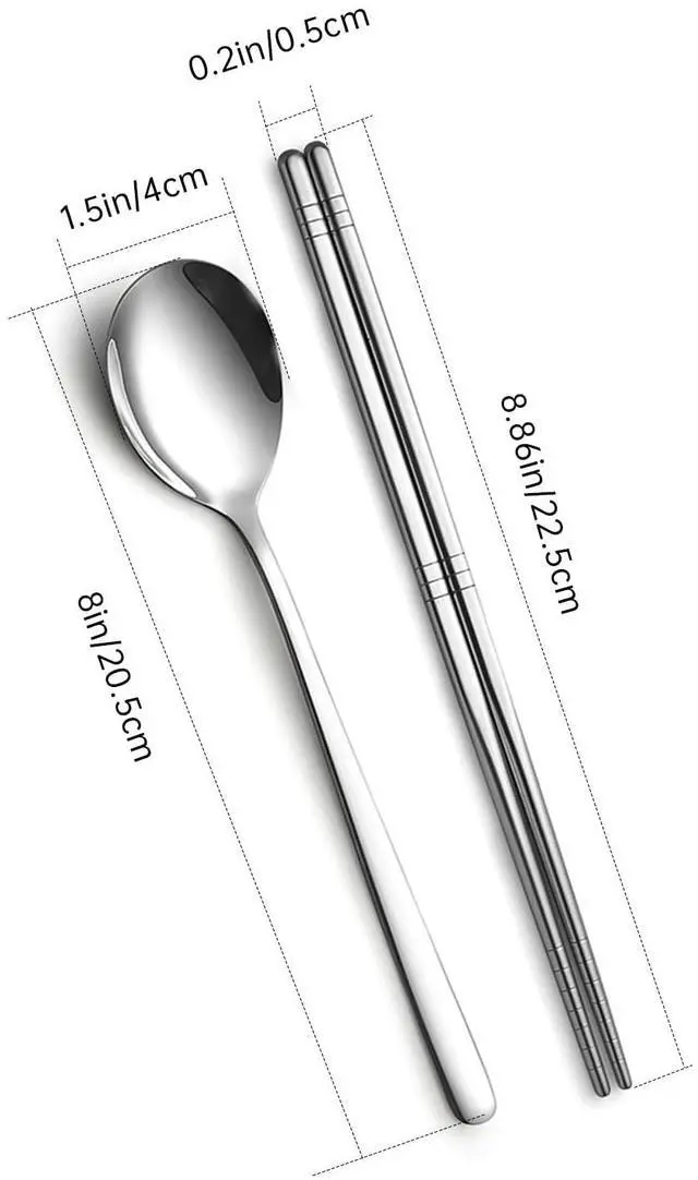 Alt view image 2 of 7 - 4 Set Korean Chopsticks and Spoons, Stainless Steel Metal Set, Reusable Flat Long Handle Set for Home, Kitchen or Restaurant