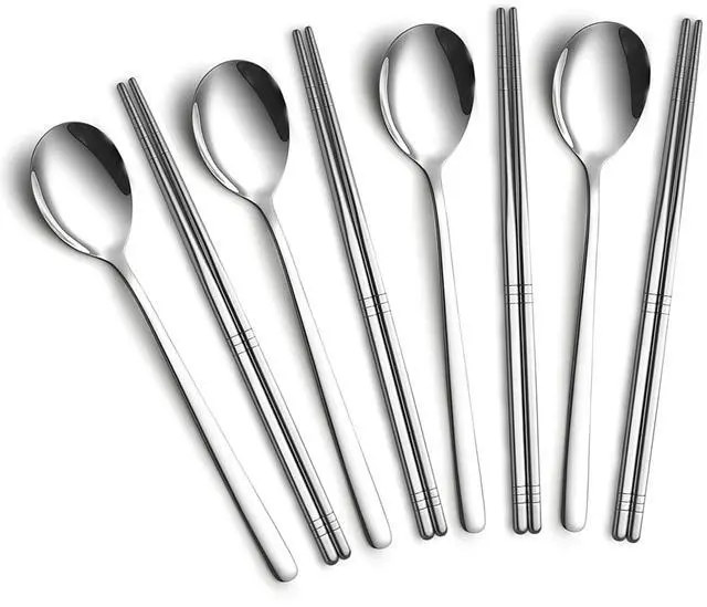 Alt view image 3 of 7 - 4 Set Korean Chopsticks and Spoons, Stainless Steel Metal Set, Reusable Flat Long Handle Set for Home, Kitchen or Restaurant