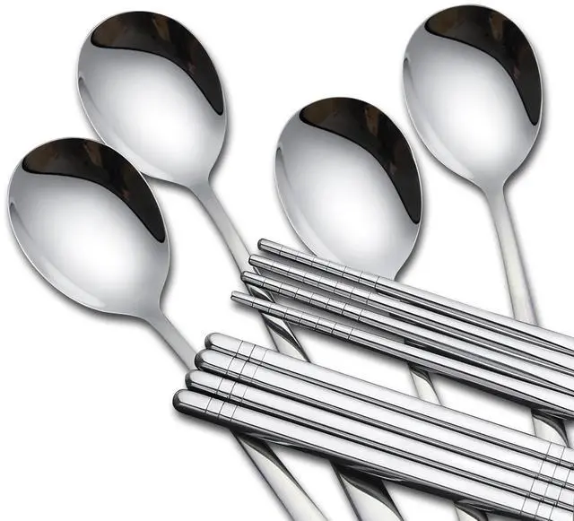 Alt view image 4 of 7 - 4 Set Korean Chopsticks and Spoons, Stainless Steel Metal Set, Reusable Flat Long Handle Set for Home, Kitchen or Restaurant