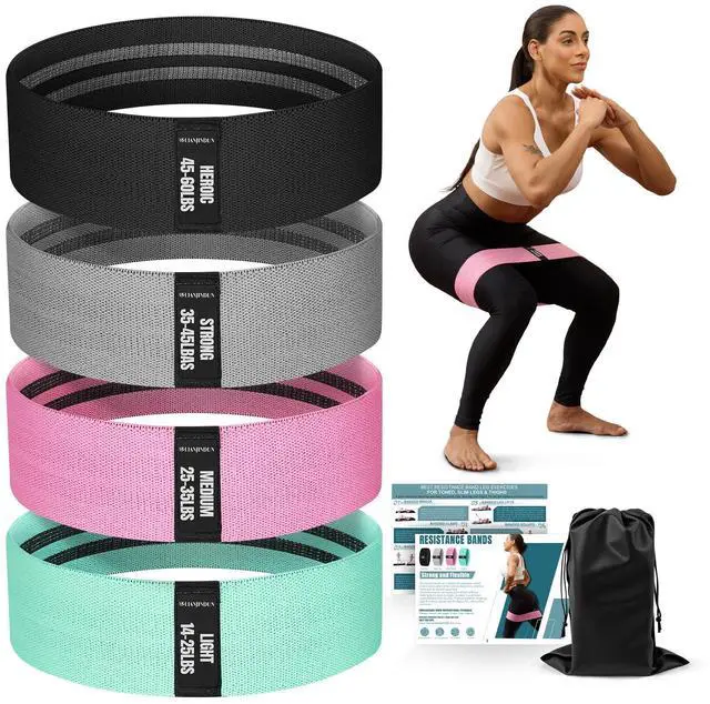 Main image of Resistance Bands for Working Out with Guide, 4 Workout Bands for Women & Men, Fabric Exercise Bands for Legs, Hip, Glute, Butt, Booty Bands Set for Yoga, Pilates, Strength (Green, Pink, Gray, Black)