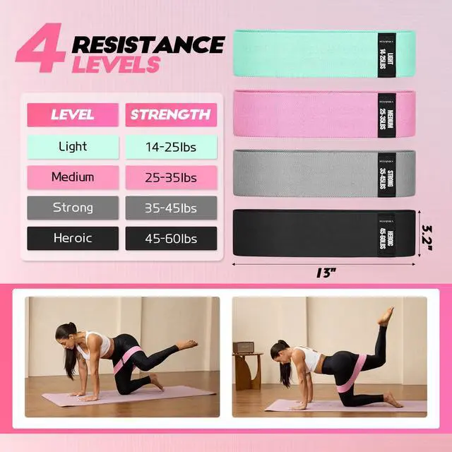 Alt view image 3 of 6 - Resistance Bands for Working Out with Guide, 4 Workout Bands for Women & Men, Fabric Exercise Bands for Legs, Hip, Glute, Butt, Booty Bands Set for Yoga, Pilates, Strength (Green, Pink, Gray, Black)