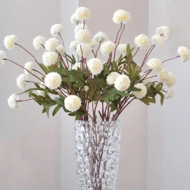 Main image of Pompon Mum Artificial Flower, 5pcs Faux Silk Mini Chrysanth with Stems, BSimulation of 5 Autumn Ball Chrysanthemum Dandelion Fake Flowers Wedding Home DIY Decoration (White)