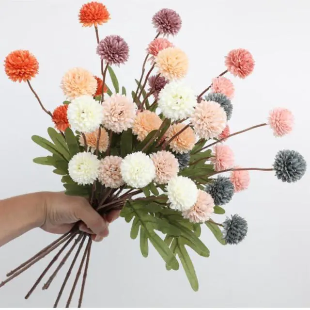 Alt view image 5 of 7 - Pompon Mum Artificial Flower, 5pcs Faux Silk Mini Chrysanth with Stems, BSimulation of 5 Autumn Ball Chrysanthemum Dandelion Fake Flowers Wedding Home DIY Decoration (White)