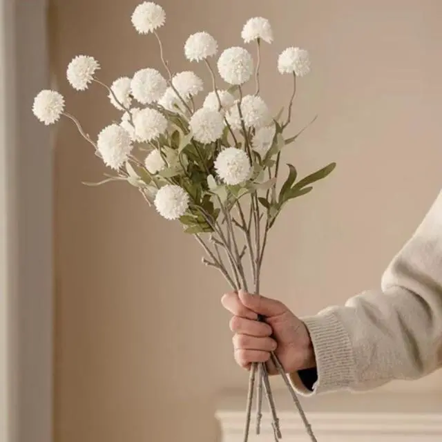 Alt view image 6 of 7 - Pompon Mum Artificial Flower, 5pcs Faux Silk Mini Chrysanth with Stems, BSimulation of 5 Autumn Ball Chrysanthemum Dandelion Fake Flowers Wedding Home DIY Decoration (White)