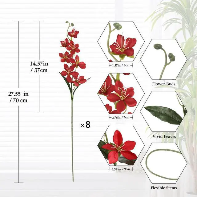 Alt view image 3 of 7 - 8PCS Orchids Artificial Flowers 27.5" Long Stem Silk Orchid Flowers Faux Orchids Stems Plant for Tall Vase Home Garden Indoor Outdoor Wedding Baby Shower Party Table Floor Centerpiece Decor (Red)
