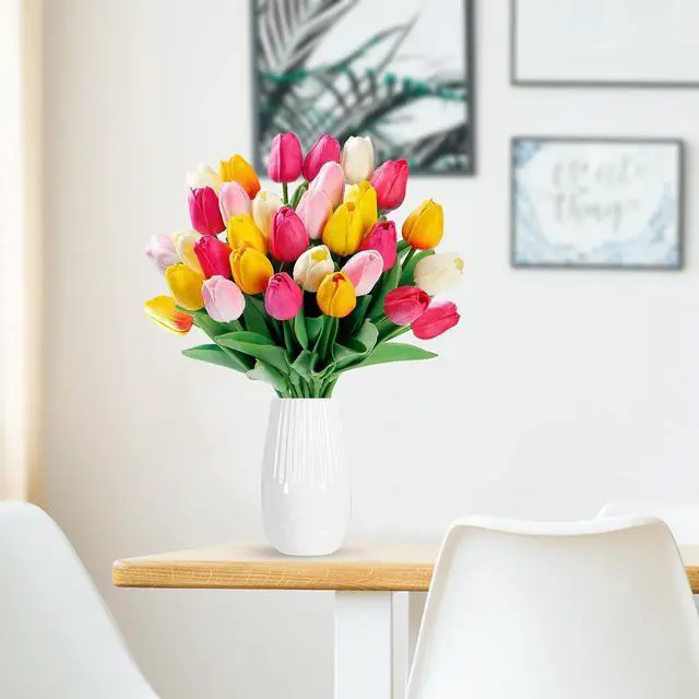 Alt view image 2 of 7 - 15 Pcs Fake Tulips Artificial Flowers Real Touch PU Faux Flowers Tulip Stems for Wedding Spring Bouquet Floral Arrangement Home Office Party Decorations for Mother's Day (Multi Colors)