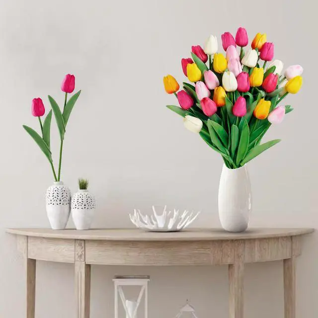 Alt view image 3 of 7 - 15 Pcs Fake Tulips Artificial Flowers Real Touch PU Faux Flowers Tulip Stems for Wedding Spring Bouquet Floral Arrangement Home Office Party Decorations for Mother's Day (Multi Colors)