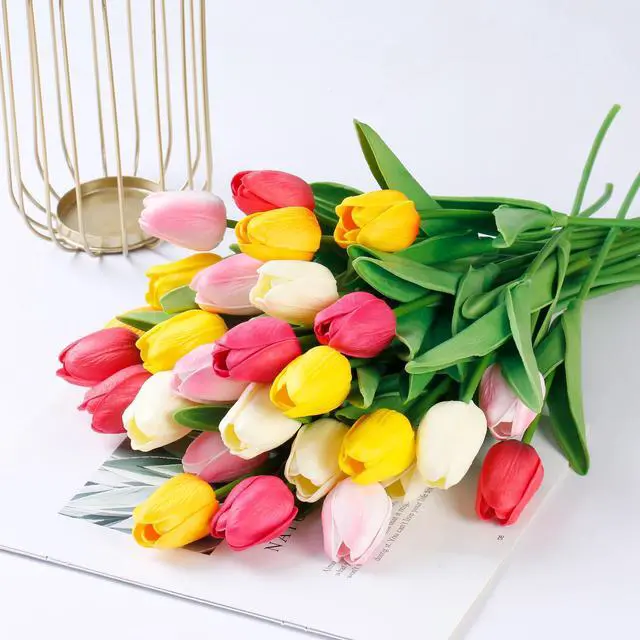 Alt view image 7 of 7 - 15 Pcs Fake Tulips Artificial Flowers Real Touch PU Faux Flowers Tulip Stems for Wedding Spring Bouquet Floral Arrangement Home Office Party Decorations for Mother's Day (Multi Colors)