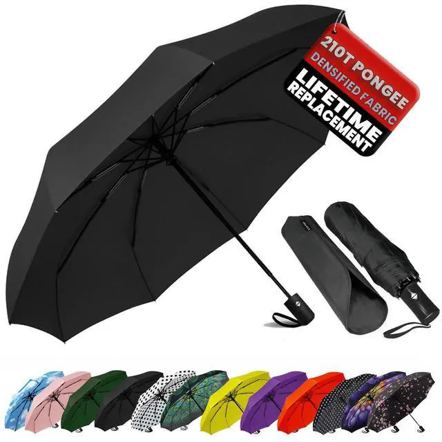 Main image of Compact Travel Umbrella - Windproof Auto Open/Close, Small Folding Umbrella for Rain - Lightweight & Durable with Fiberglass Frame, Waterproof Canopy - Fits Backpack, Purse, Suitcase. (Black)