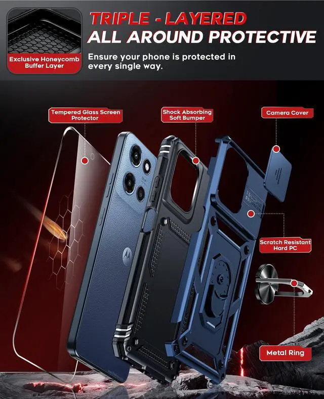 Alt view image 3 of 7 - for Motorola Moto G-2026/2025 Case/Moto G-Play 2026 Case: with Slide Camera Cover and Screen Protector, Heavy Duty Rugged Android Mobile Case Cover with Magnetic Ring Kickstand Motog 2026, Blue