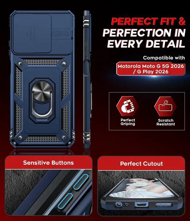 Alt view image 7 of 7 - for Motorola Moto G-2026/2025 Case/Moto G-Play 2026 Case: with Slide Camera Cover and Screen Protector, Heavy Duty Rugged Android Mobile Case Cover with Magnetic Ring Kickstand Motog 2026, Blue