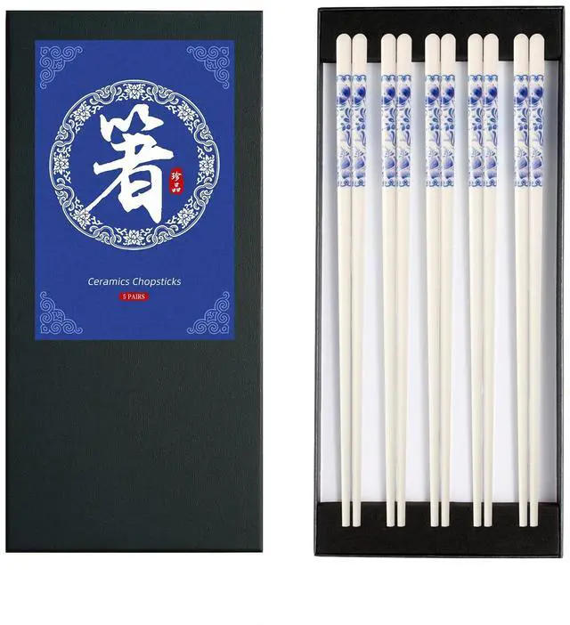 Main image of 5 Pairs Porcelain Chopsticks Set, Premium Ceramic Bone Chopsticks, Reusable Dishwasher Safe, Non-Slip, with Elegant Gift Box for Home & Dining (Camellia)