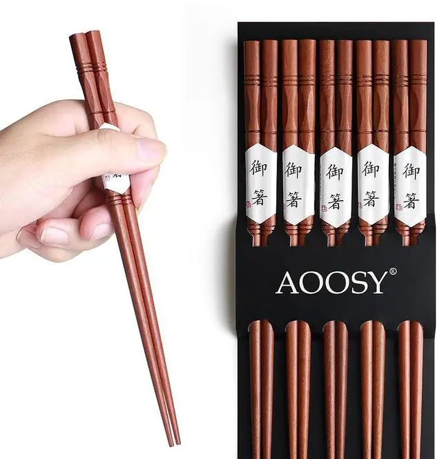 Main image of 5-Pair Reusable Natural Wooden Chopsticks, AOOSY Hand-Carved Rosewood Chop Sticks Gift Set, Dishwasher Safe, Non-Slip 8.8 Inch/22.5cm