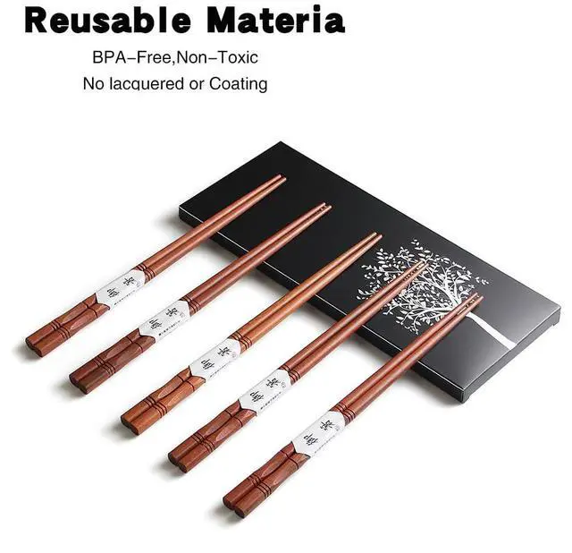 Alt view image 7 of 7 - 5-Pair Reusable Natural Wooden Chopsticks, AOOSY Hand-Carved Rosewood Chop Sticks Gift Set, Dishwasher Safe, Non-Slip 8.8 Inch/22.5cm