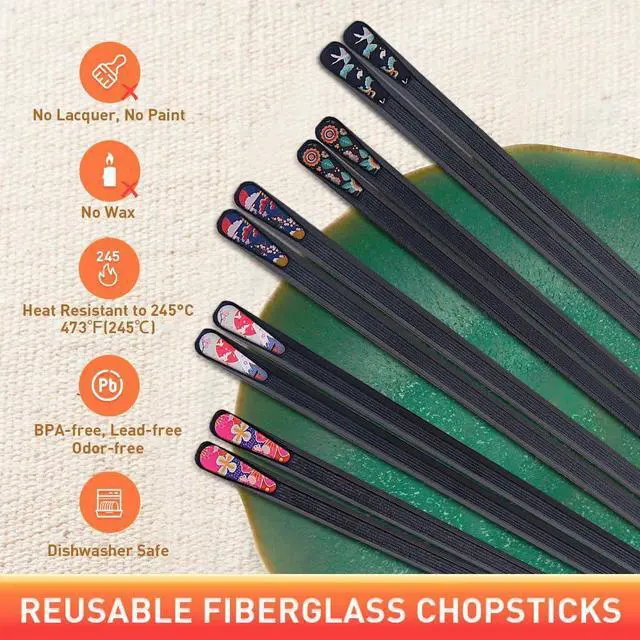 Alt view image 2 of 6 - 5 Pairs Reusable Chopsticks Premium Fiberglass Cute Japanese Korean Style Dishwasher Safe Chop sticks 9.5 Inch Gift Set