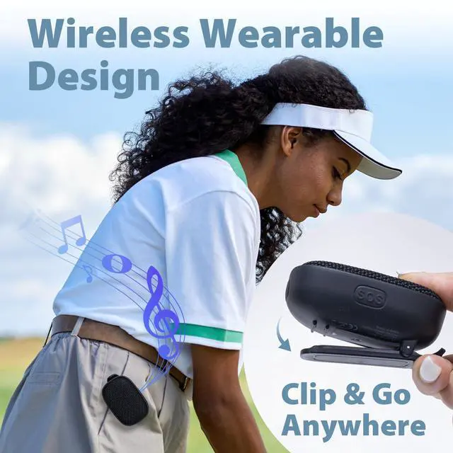 Alt view image 2 of 6 - Wearable Bluetooth Speaker with Clip, Waterproof Mini Portable Speaker, SOS Emergency Alert, TWS Stereo, Built-in Mic, Hands-Free Speaker for Jobsite, Outdoor, Work, Golf, Hiking, Black