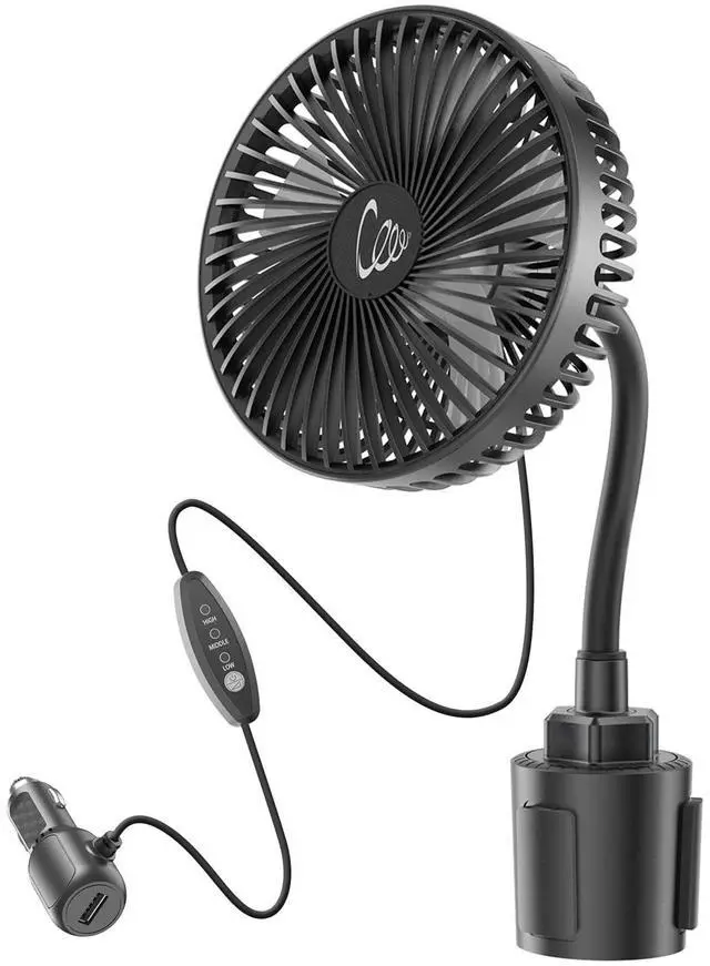 Main image of 12V Car fan, 3-Speed Portable Vehicle Fan for Front Seat, Cigarette Lighter Powered with Car Charger, Mounted in Cup Holder, 360° Rotation, Car Necessities for Dog/SUV/RV/Truck/Van