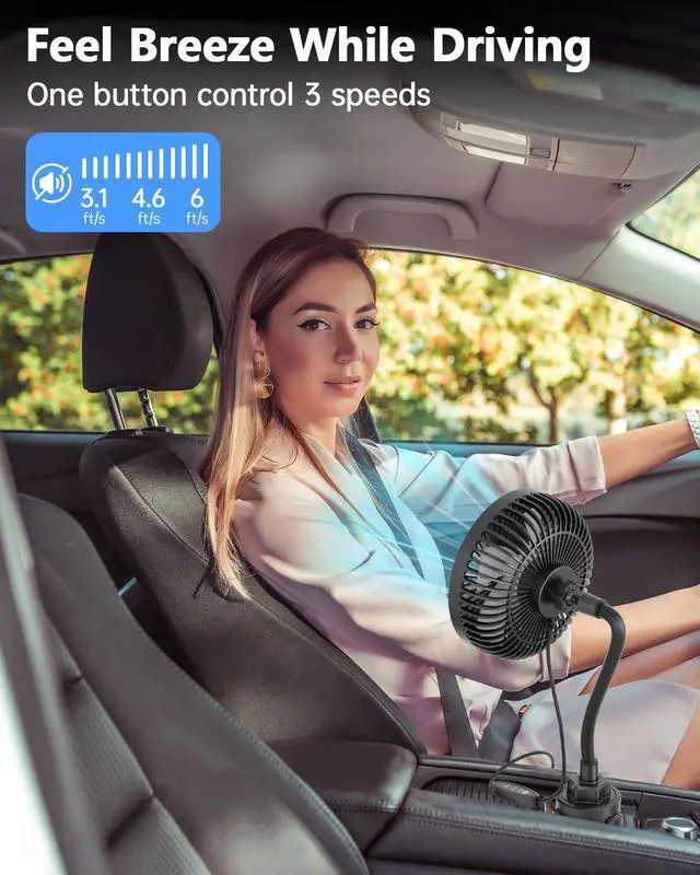 Alt view image 2 of 7 - 12V Car fan, 3-Speed Portable Vehicle Fan for Front Seat, Cigarette Lighter Powered with Car Charger, Mounted in Cup Holder, 360° Rotation, Car Necessities for Dog/SUV/RV/Truck/Van