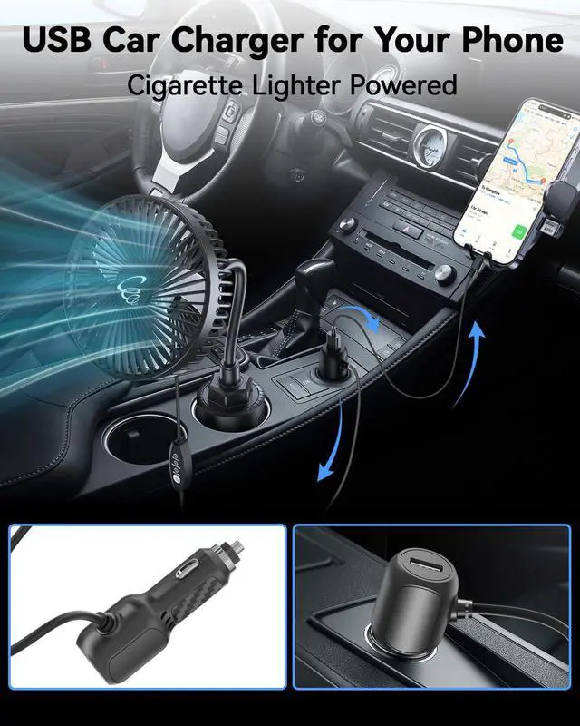 Alt view image 4 of 7 - 12V Car fan, 3-Speed Portable Vehicle Fan for Front Seat, Cigarette Lighter Powered with Car Charger, Mounted in Cup Holder, 360° Rotation, Car Necessities for Dog/SUV/RV/Truck/Van