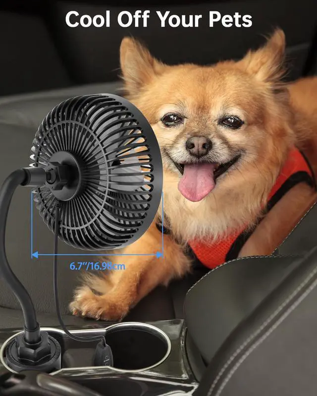 Alt view image 6 of 7 - 12V Car fan, 3-Speed Portable Vehicle Fan for Front Seat, Cigarette Lighter Powered with Car Charger, Mounted in Cup Holder, 360° Rotation, Car Necessities for Dog/SUV/RV/Truck/Van