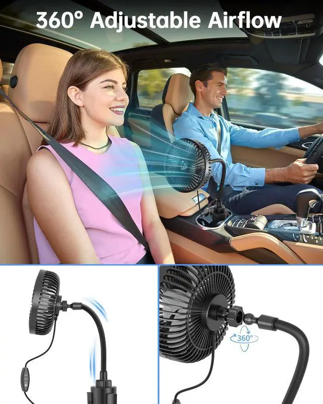 Alt view image 5 of 7 - 12V Car fan, 3-Speed Portable Vehicle Fan for Front Seat, Cigarette Lighter Powered with Car Charger, Mounted in Cup Holder, 360° Rotation, Car Necessities for Dog/SUV/RV/Truck/Van