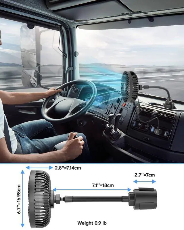Alt view image 7 of 7 - 12V Car fan, 3-Speed Portable Vehicle Fan for Front Seat, Cigarette Lighter Powered with Car Charger, Mounted in Cup Holder, 360° Rotation, Car Necessities for Dog/SUV/RV/Truck/Van