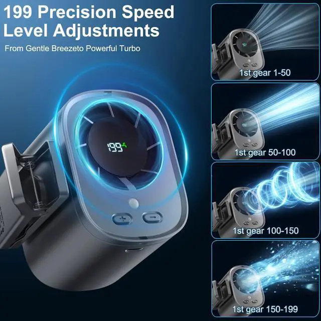Alt view image 4 of 7 - Portable Clip on Air Conditioner Fan for Car with LED Display, 360° Rotation 199 Speeds Mini Cooling Fans, USB Rechargeable 1500mAh Battery Powered Personal Fan for Car Vehicle Stroller Office Camping