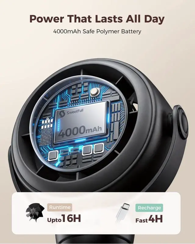 Alt view image 4 of 7 - Baby Stroller Fan - 4000mAh Rechargeable 4-Speed Quiet with LED Display & Night Light, Mini Portable 360° Clip On Safe Fan for Car Seat, Crib, Travel - Black