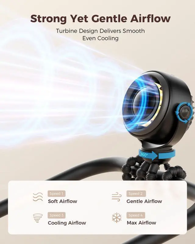 Alt view image 3 of 7 - Baby Stroller Fan - 4000mAh Rechargeable 4-Speed Quiet with LED Display & Night Light, Mini Portable 360° Clip On Safe Fan for Car Seat, Crib, Travel - Black