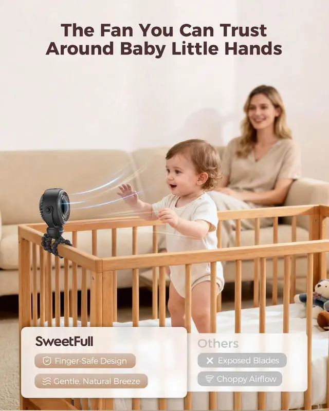 Alt view image 2 of 7 - Baby Stroller Fan - 4000mAh Rechargeable 4-Speed Quiet with LED Display & Night Light, Mini Portable 360° Clip On Safe Fan for Car Seat, Crib, Travel - Black