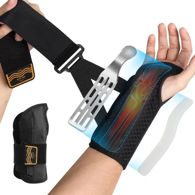 Main image of Carpal Tunnel Wrist Brace Night Support for Women Men, Pain Relief Metal Wrist Splint for Tendonitis, Arthritis, Sprain, Fit Left or Right Hand for Work, Rigid Hand Brace for Sleeping, Black