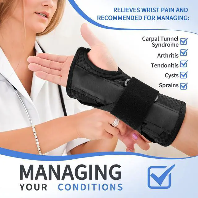 Alt view image 3 of 7 - Carpal Tunnel Wrist Brace Night Support for Women Men, Pain Relief Metal Wrist Splint for Tendonitis, Arthritis, Sprain, Fit Left or Right Hand for Work, Rigid Hand Brace for Sleeping, Black