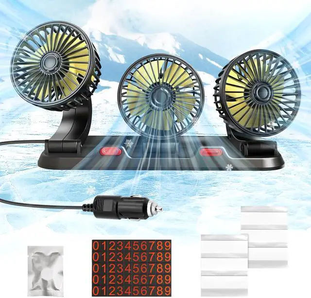Main image of Portable 3-Head Car Cooling Fan - 2-Speed Adjustable, 360° Rotating, Cigarette Lighter Plug, Powerful Airflow for Vehicles, RVs, and SUVs