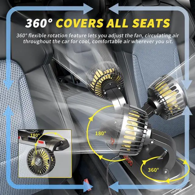 Alt view image 2 of 6 - Portable 3-Head Car Cooling Fan - 2-Speed Adjustable, 360° Rotating, Cigarette Lighter Plug, Powerful Airflow for Vehicles, RVs, and SUVs