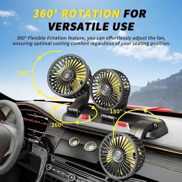 Alt view image 3 of 6 - Portable 3-Head Car Cooling Fan - 2-Speed Adjustable, 360° Rotating, Cigarette Lighter Plug, Powerful Airflow for Vehicles, RVs, and SUVs