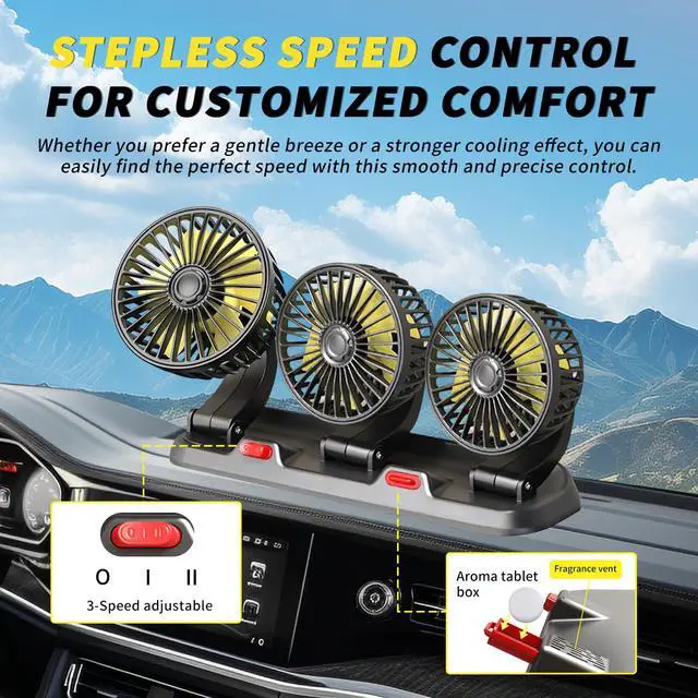 Alt view image 4 of 6 - Portable 3-Head Car Cooling Fan - 2-Speed Adjustable, 360° Rotating, Cigarette Lighter Plug, Powerful Airflow for Vehicles, RVs, and SUVs