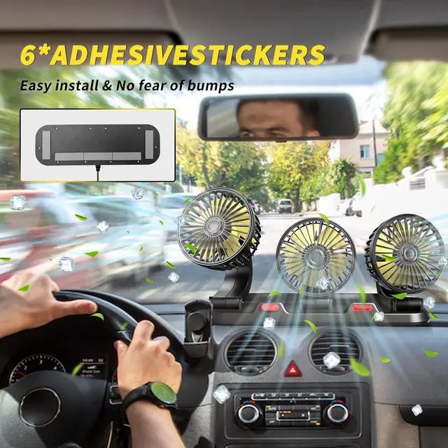 Alt view image 6 of 6 - Portable 3-Head Car Cooling Fan - 2-Speed Adjustable, 360° Rotating, Cigarette Lighter Plug, Powerful Airflow for Vehicles, RVs, and SUVs