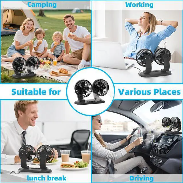 Alt view image 3 of 7 - Car Fan 5V Portable Auto Cooling Misting Fan Dual Head Rotatable USB Vehicle Fans 2 Speeds Strong Wind Electric Air Circulation Fans for Car Dashboard Truck SUV Sedan RV Van Boat Golf Cart