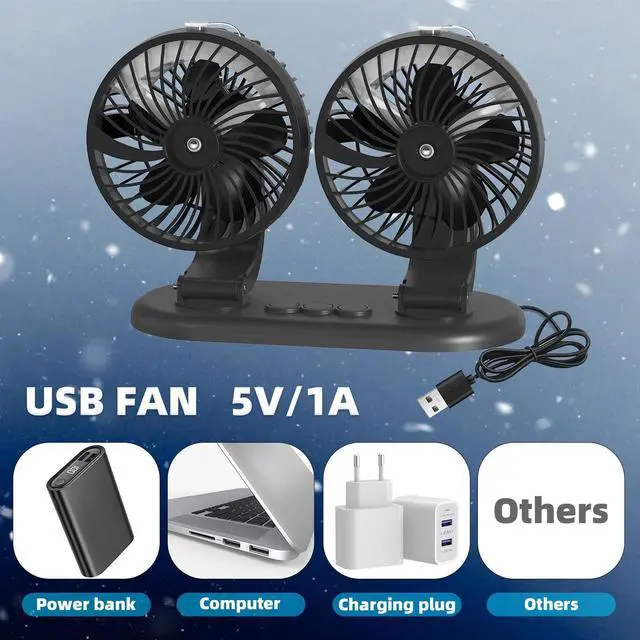 Alt view image 5 of 7 - Car Fan 5V Portable Auto Cooling Misting Fan Dual Head Rotatable USB Vehicle Fans 2 Speeds Strong Wind Electric Air Circulation Fans for Car Dashboard Truck SUV Sedan RV Van Boat Golf Cart