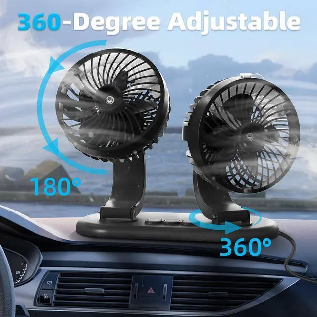 Alt view image 4 of 7 - Car Fan 5V Portable Auto Cooling Misting Fan Dual Head Rotatable USB Vehicle Fans 2 Speeds Strong Wind Electric Air Circulation Fans for Car Dashboard Truck SUV Sedan RV Van Boat Golf Cart
