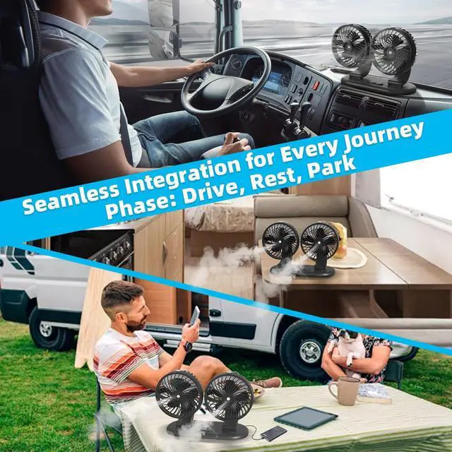 Alt view image 6 of 7 - Car Fan 5V Portable Auto Cooling Misting Fan Dual Head Rotatable USB Vehicle Fans 2 Speeds Strong Wind Electric Air Circulation Fans for Car Dashboard Truck SUV Sedan RV Van Boat Golf Cart